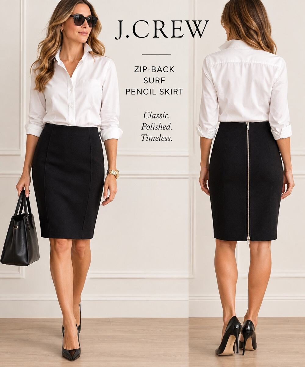 90s Minimalist Quiet Luxury Office Siren J.Crew Zip-Back Surf Pencil Skirt Black